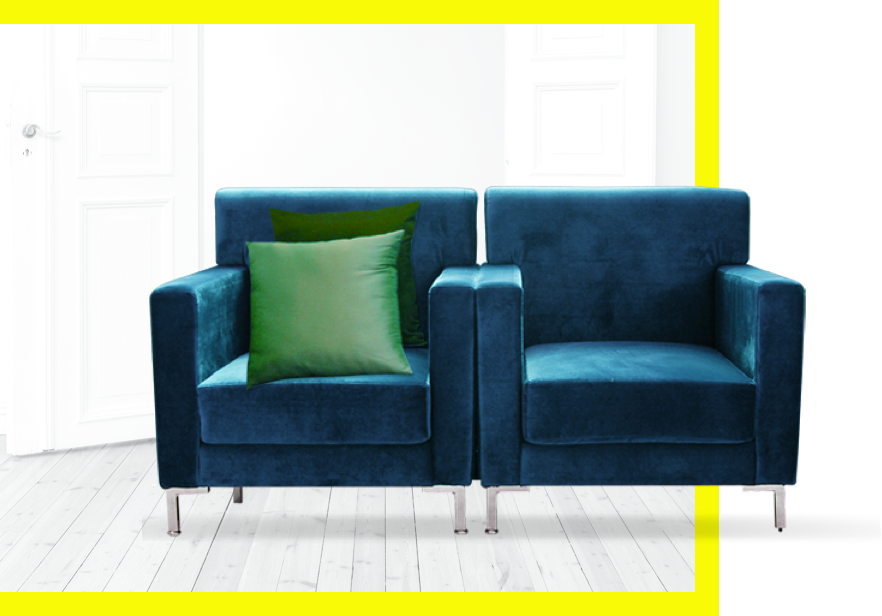 two velvet-textured blue seats grouped next to each other, surrounded by a yellow border